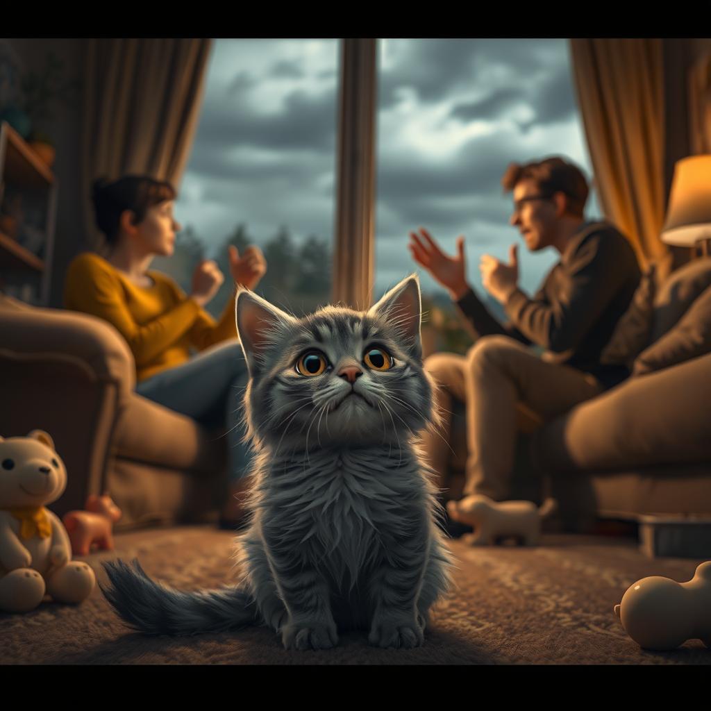 A poignant scene featuring a small cat, with fluffy gray fur, sitting in the corner of a living room, looking frightened and confused