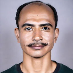 A 27-year-old Indonesian man with a round face, a large head, bald, broad eyebrows, a large sharp nose, thick eyebrows, curly eyelashes with big eyes, and a thin mustache