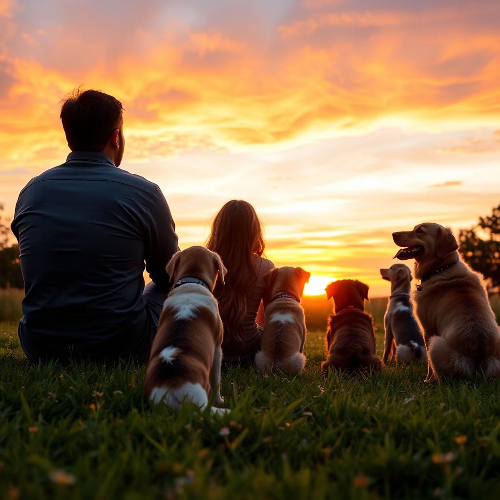 A serene scene of a man and woman sitting on lush green grass, enjoying a breathtaking sunset