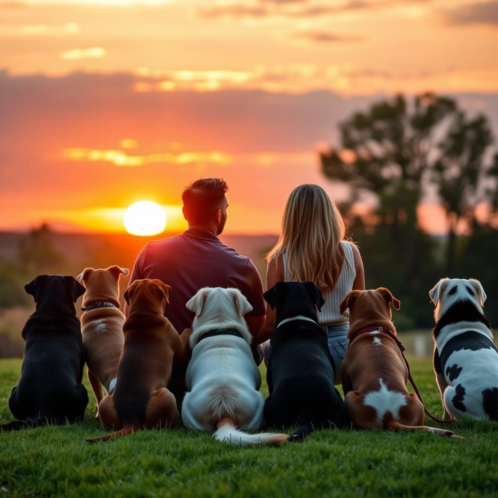 A romantic scene of a man and a blonde woman sitting on the grass, holding hands and watching a beautiful sunset in the background