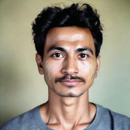 A 27-year-old Indonesian man with a round face, a large head, bald, broad eyebrows, a large sharp nose, thick eyebrows, curly eyelashes with big eyes, and a thin mustache