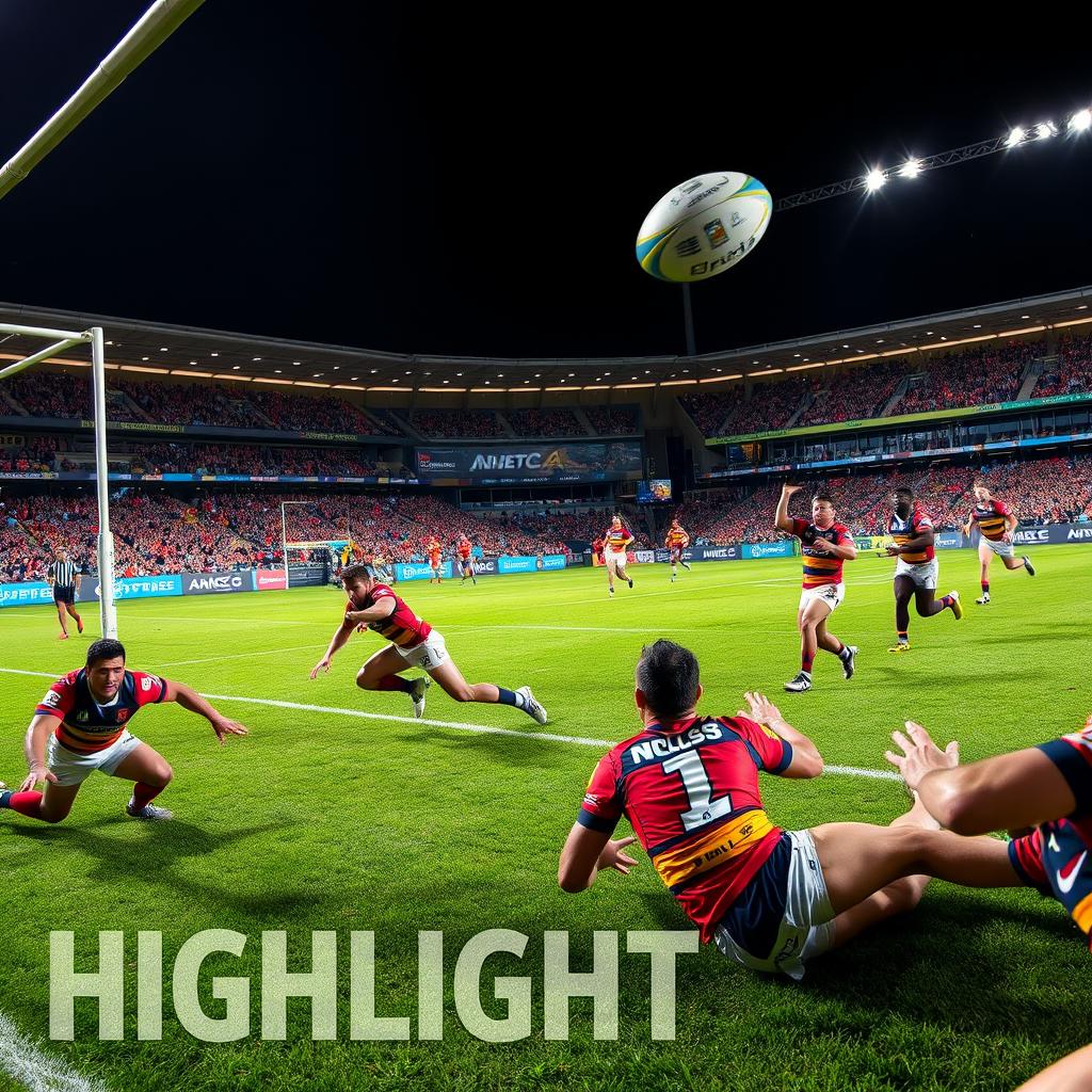 A dynamic highlight reel of an intense rugby league match showcasing powerful tackles, swift runs, and celebrated tries