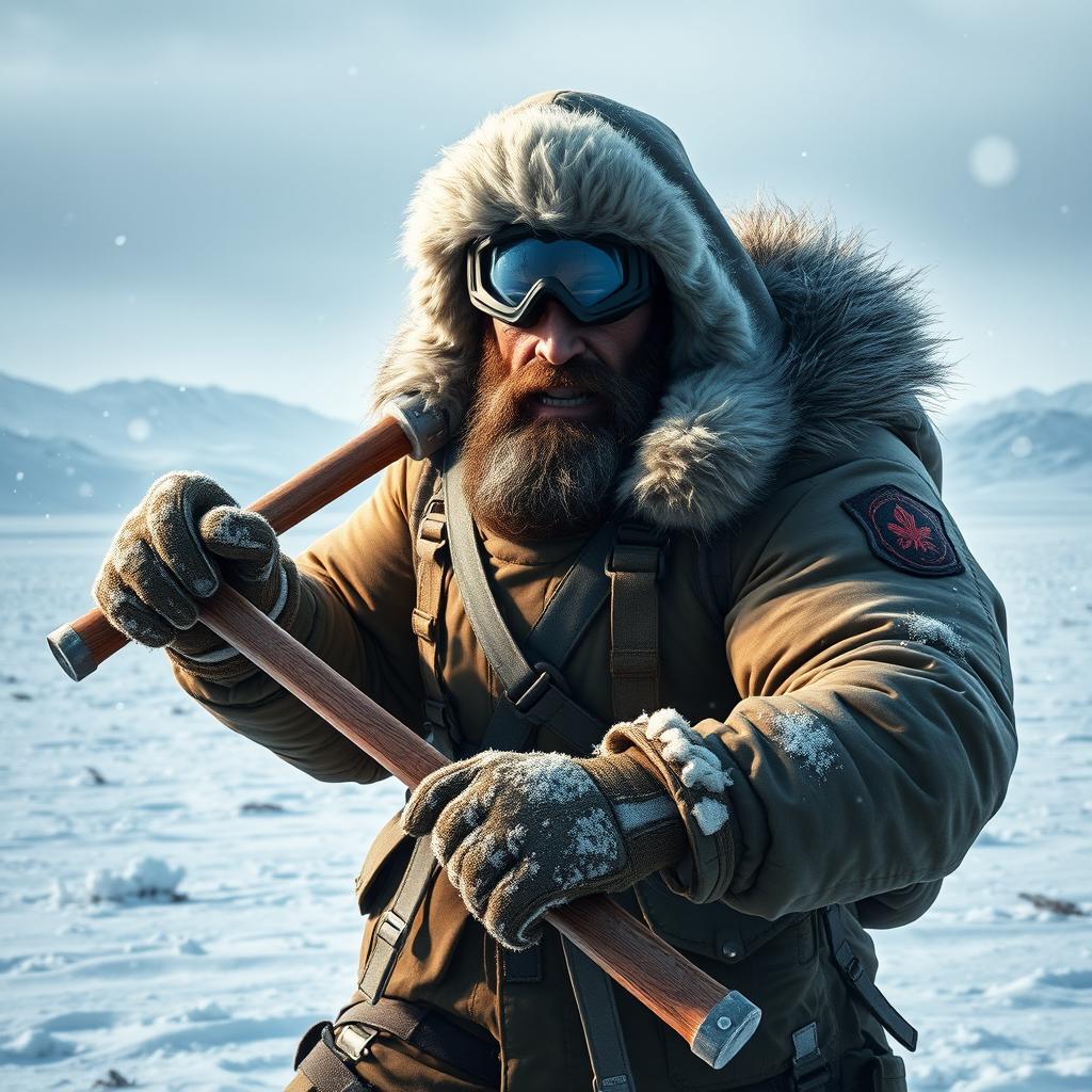 A fierce and formidable character designed for a whiteout survival game, dressed in rugged winter survival gear, complete with a heavy fur-lined parka, tactical goggles, and a hardened expression