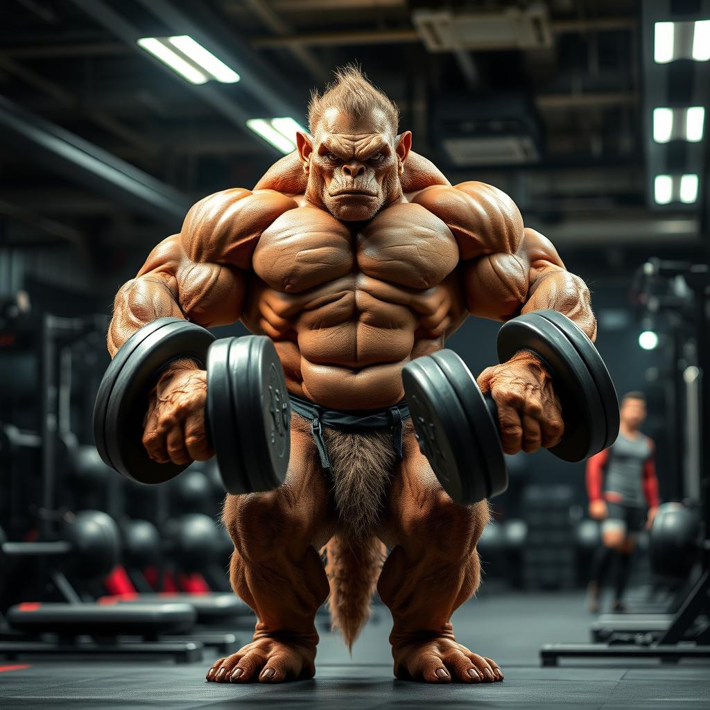 A powerful and muscular creature, standing confidently with both hands gripping 450kg dumbbells