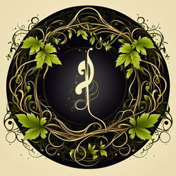 Create an enhanced, unique circular logo with an overlay, bordered by intricate vines with small leaves shaped like music notes, ensuring visual distinctiveness.