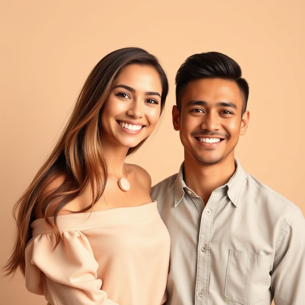 A realistic photograph of a perfect couple, both smiling warmly at the camera
