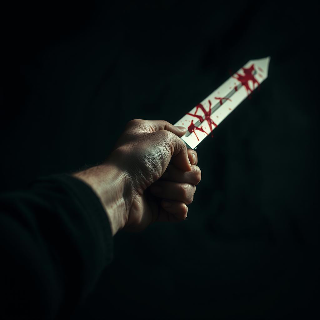A dramatic and intense scene featuring a close-up of a hand gripping a weapon, with vivid splatters of blood artistically depicted on the weapon and the surrounding area