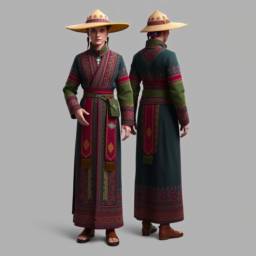 A unique fantasy player skin inspired by traditional Georgian clothing, featuring intricate patterns and vibrant colors