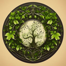 Create an enhanced, unique circular logo with an overlay, bordered by intricate vines with small leaves shaped like music notes, ensuring visual distinctiveness.