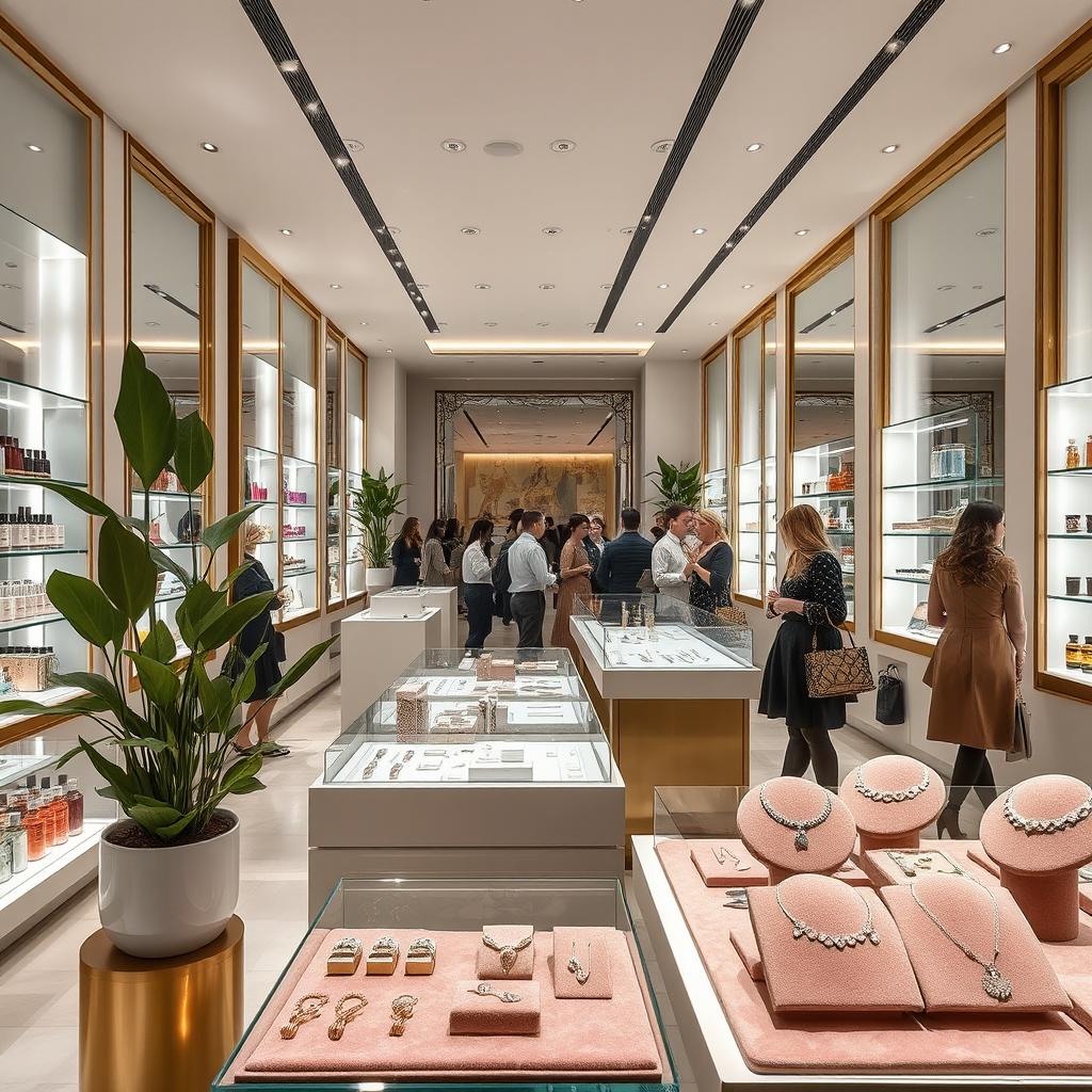 A luxurious and modern shop interior showcasing cosmetics and jewelry