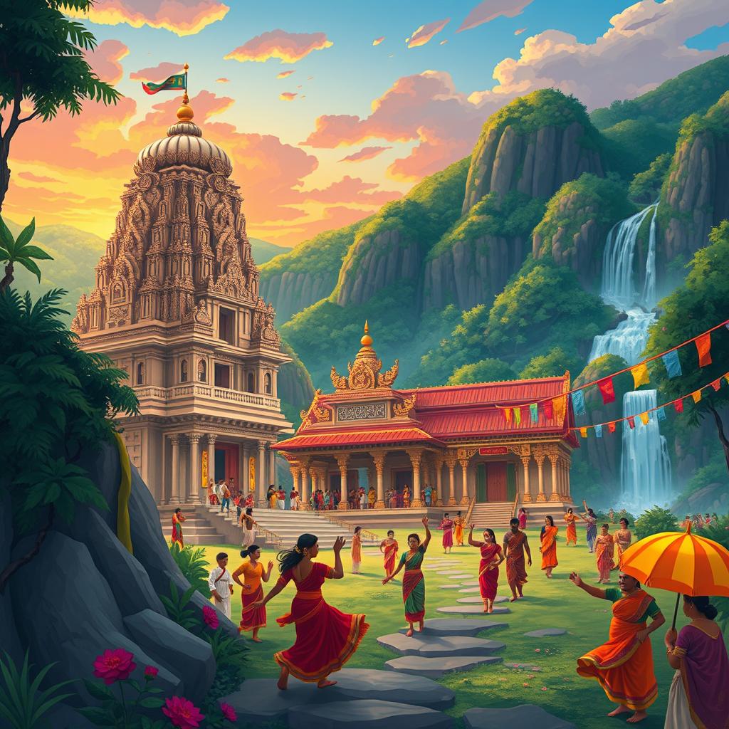 Illustrate a mythical and vibrant Sri Lankan landscape, celebrating the cultural heritage of Ranjan Ramanaka