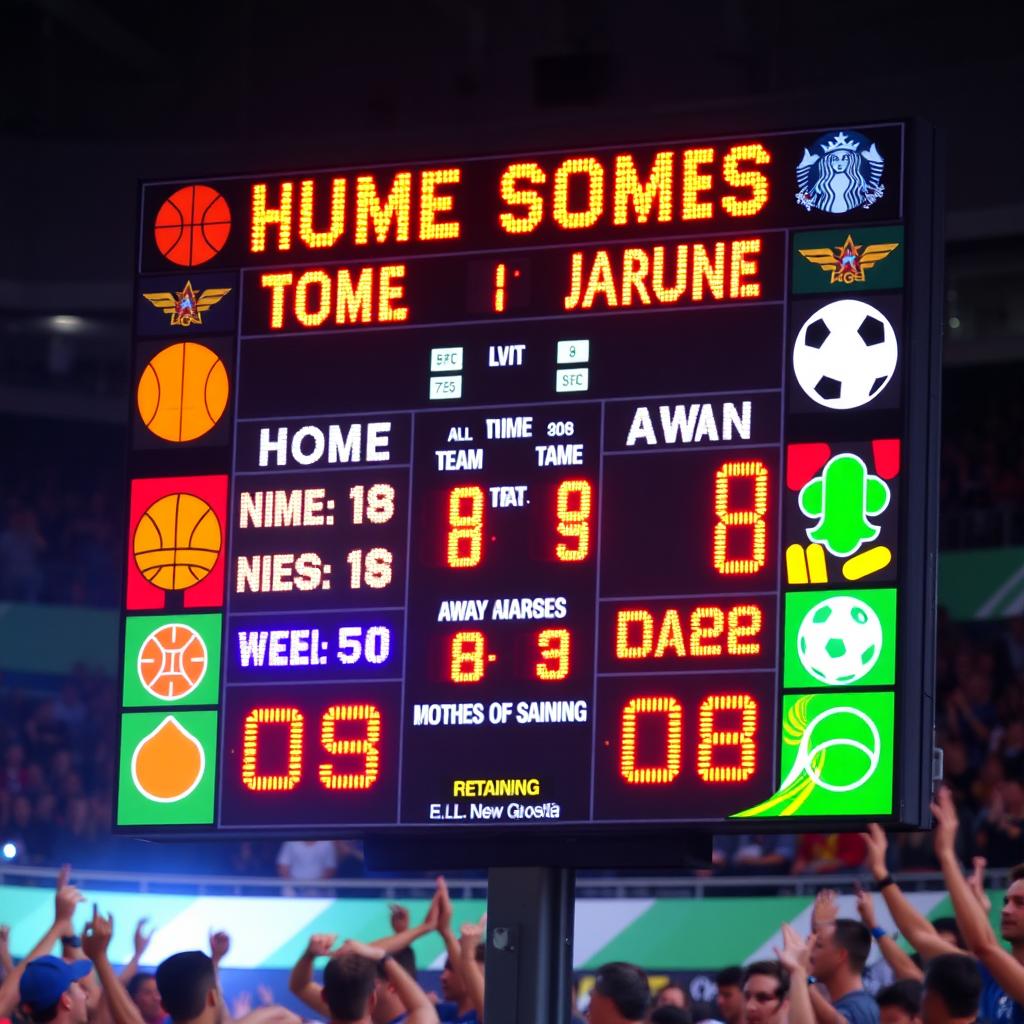 A detailed and visually captivating scoreboard featuring various sports elements
