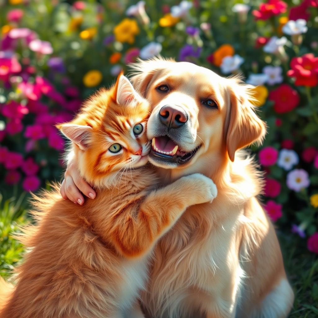 A heartwarming scene of a cat and dog hugging each other affectionately, showcasing their friendship