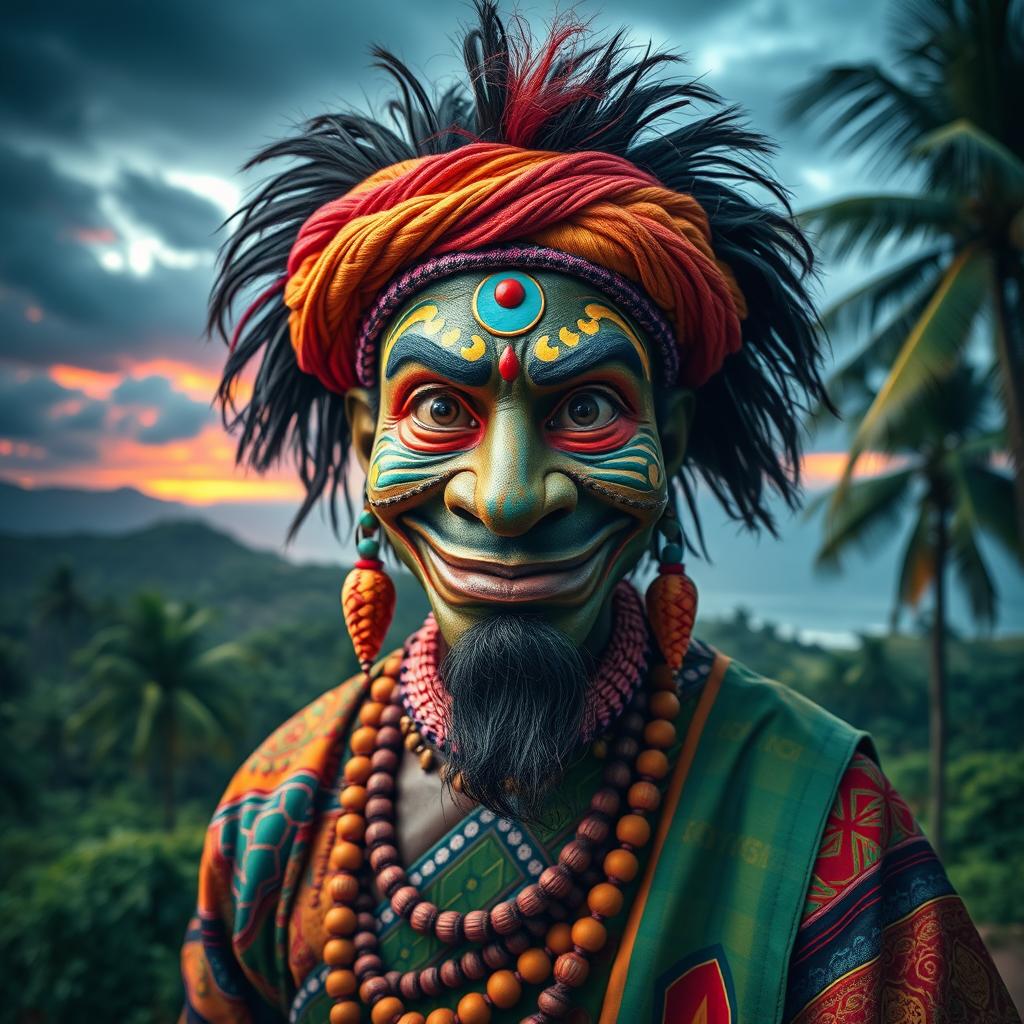 A dramatic and colorful depiction of Sri Lanka's kalu kumaraya, a character often associated with traditional folklore and cultural stories
