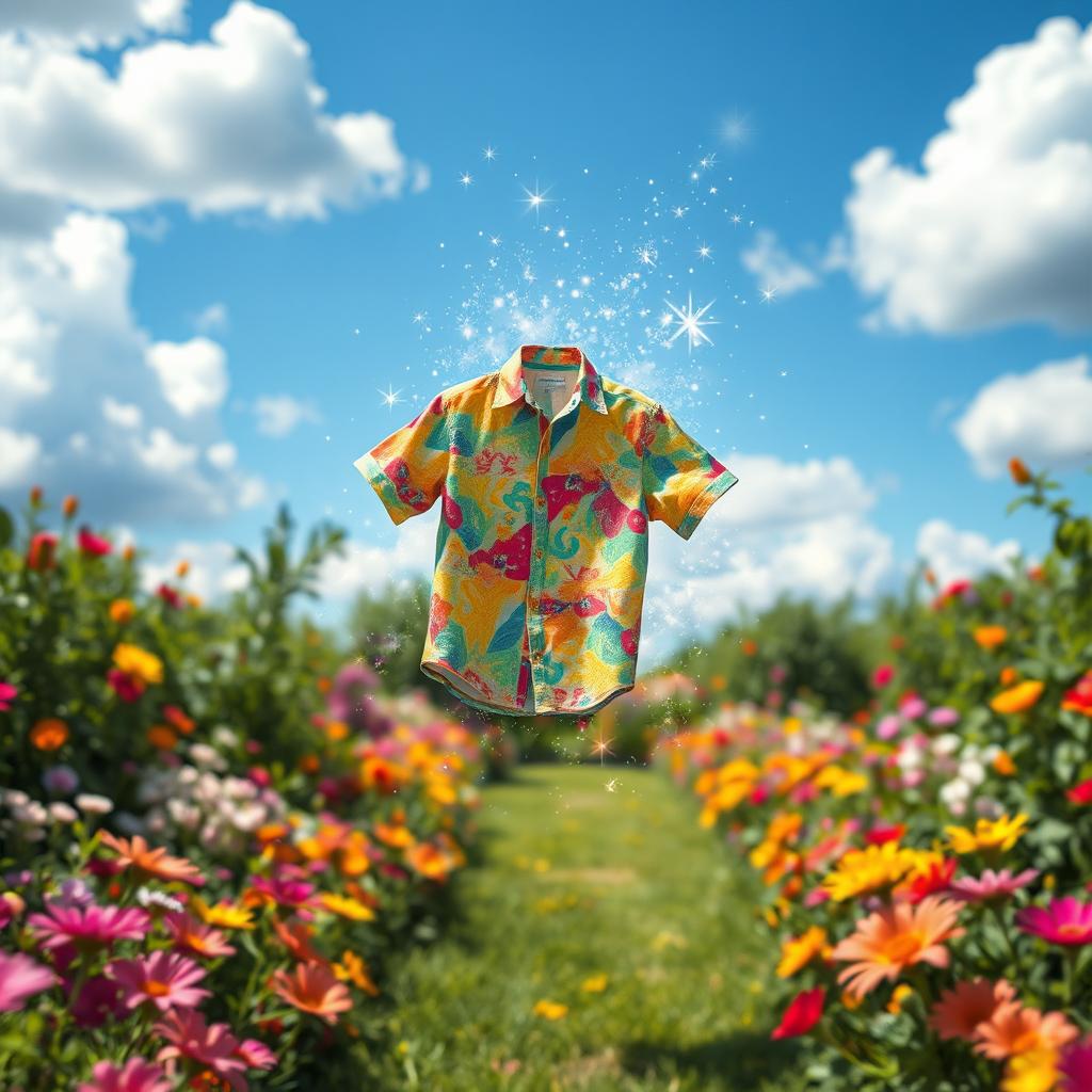 A whimsical scene where a colorful shirt is magically disappearing in a burst of sparkles and light