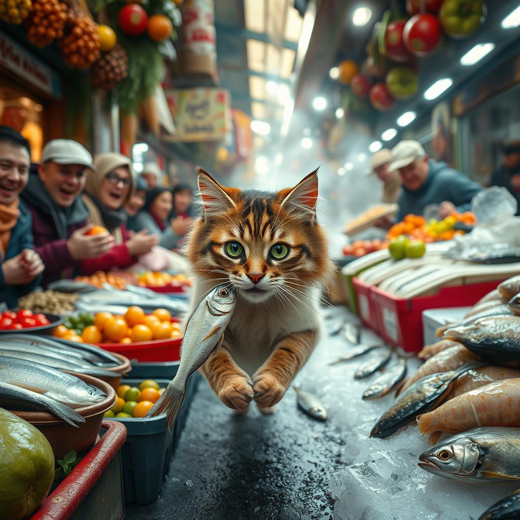 A mischievous cat cunningly steals a fish from a bustling market stall
