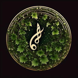 Create an enhanced, unique circular logo with an overlay, bordered by intricate vines with small leaves shaped like music notes, ensuring visual distinctiveness.