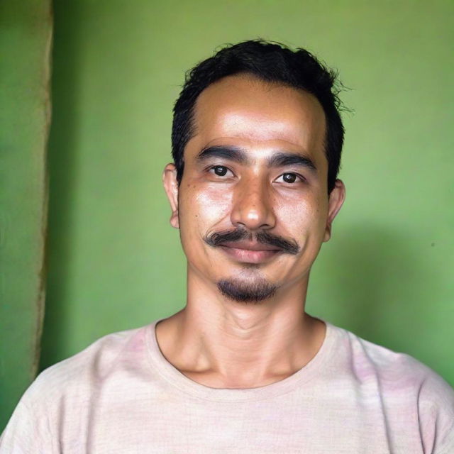 A 27-year-old Indonesian man with a round face, a large head, bald, broad eyebrows, a large sharp nose, thick eyebrows, curly eyelashes with big eyes, a thin mustache, and a chubby neck