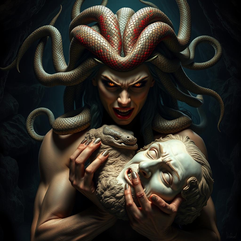 A dramatic scene depicting Medusa holding the head of Perseus, showcasing intricate details of Medusa's snake hair and fierce expression