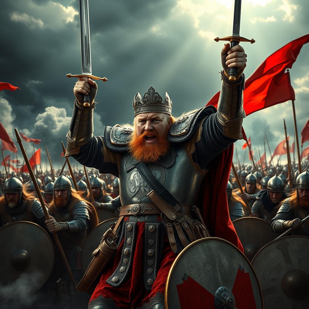 A dramatic scene depicting King Willem-Alexander of the Netherlands in a fierce battle, leading his troops into victory