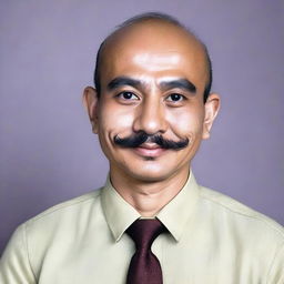 A 27-year-old Indonesian man with a round face, a large head, bald, broad eyebrows, a large sharp nose, thick eyebrows, curly eyelashes with big eyes, a thin mustache, and a chubby neck