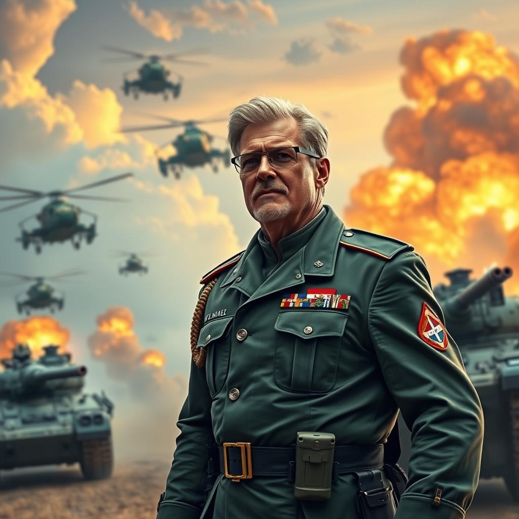 An imaginative scene depicting King Willem-Alexander leading a modern military victory, surrounded by high-tech weaponry and an advanced battlefield setting