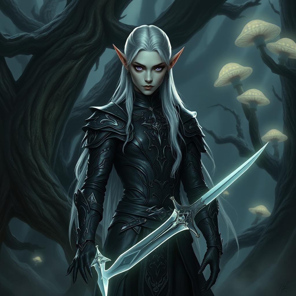 A dark elf character standing in a shadowy forest, with long silver hair and piercing violet eyes