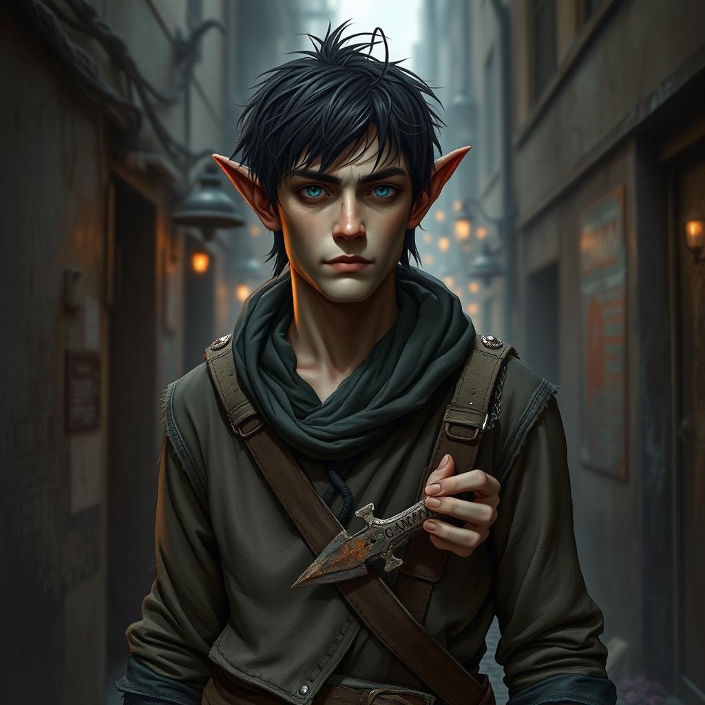 A male dark elf character depicted as poor and struggling, standing in a dilapidated alleyway within a bustling fantasy city