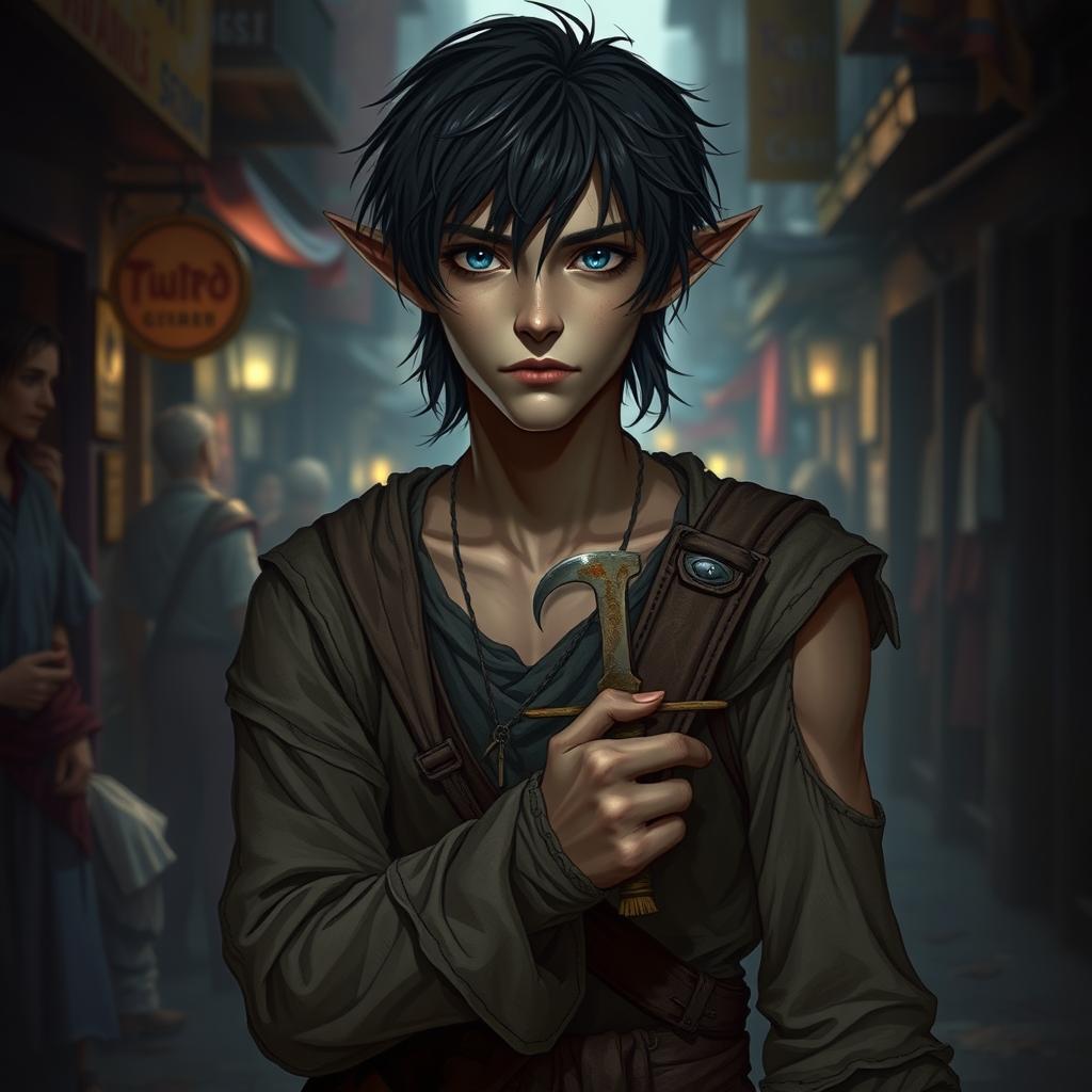 A male dark elf character portrayed as poor and struggling, standing in a dimly lit alleyway within a busy fantasy city