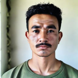 A 27-year-old Indonesian man with a round face, a large head, bald, broad eyebrows, a large sharp nose, thick eyebrows, curly eyelashes with big eyes, a thin mustache, and a chubby neck