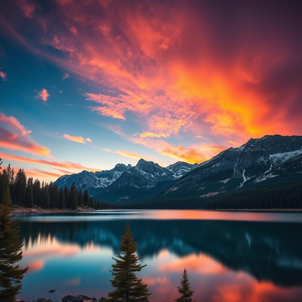 A photorealistic image of a majestic tranquil scene, capturing a beautiful mountain landscape at sunset