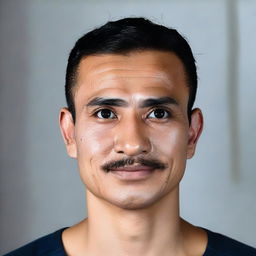 A 27-year-old Indonesian man with a round face, a large head, bald, broad eyebrows, a large sharp nose, thick eyebrows, curly eyelashes with big eyes, a thin mustache, and a chubby neck