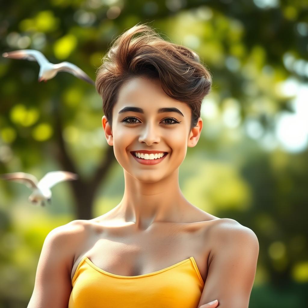 A realistic portrait of a person standing confidently in a natural outdoor setting