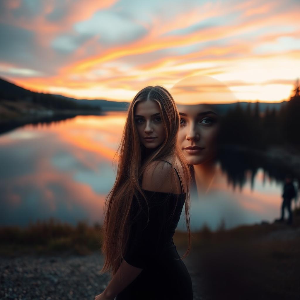 A captivating and stunning photograph featuring a serene landscape at sunset, with vibrant colors reflected in a tranquil lake