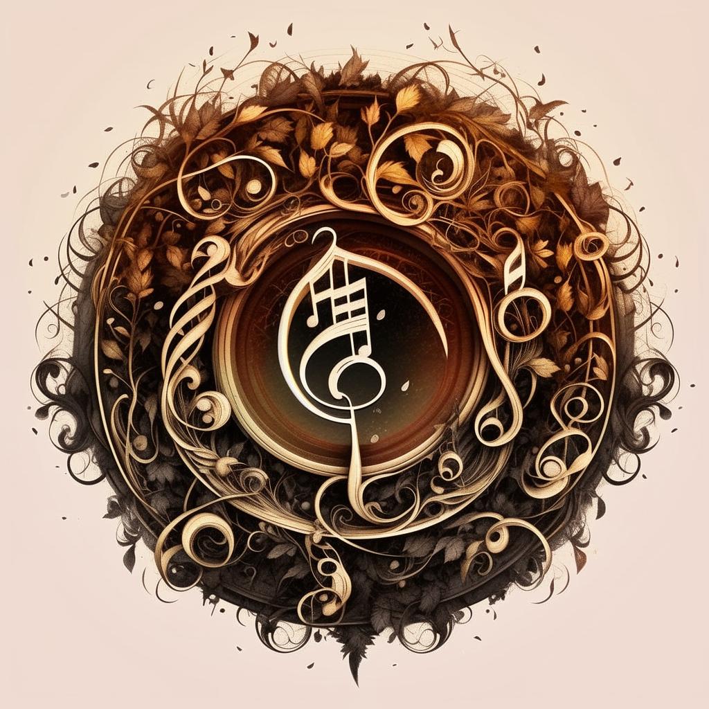 Create an enhanced circular logo, overlaid design, surrounded by a unique border of intricately designed vines made of music notes, ensuring novelty and avoidance of repeated imagery.