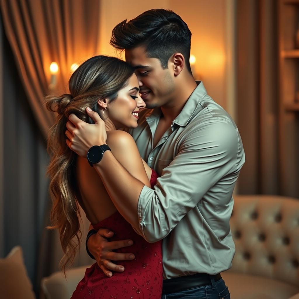 A passionate intimate scene between a young man and a young woman in a romantic setting with soft lighting