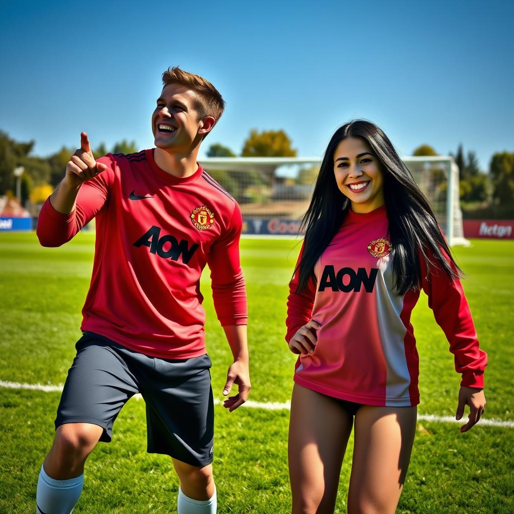 A dynamic scene featuring two individuals wearing the iconic 2008 Manchester United long-sleeve jersey