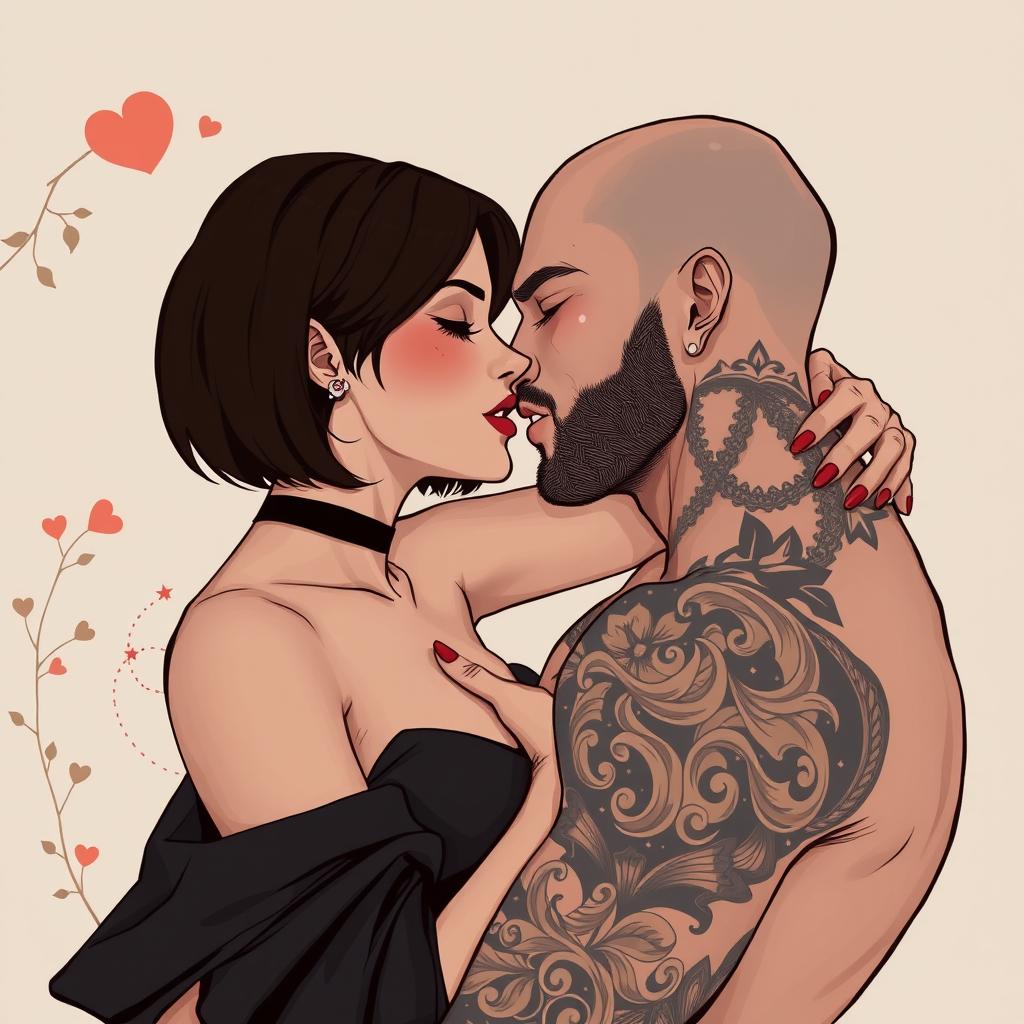 A stylish illustration featuring a brunette woman with a bob haircut and facial piercings, passionately engaging in an intimate moment with a bald, tattooed man