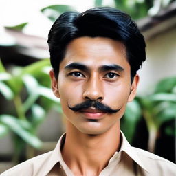 A 24-year-old Indonesian man with a slim face, big head, black hair, prominent nose, thick eyebrows, luscious eyelashes, large eyes, and thin mustache.