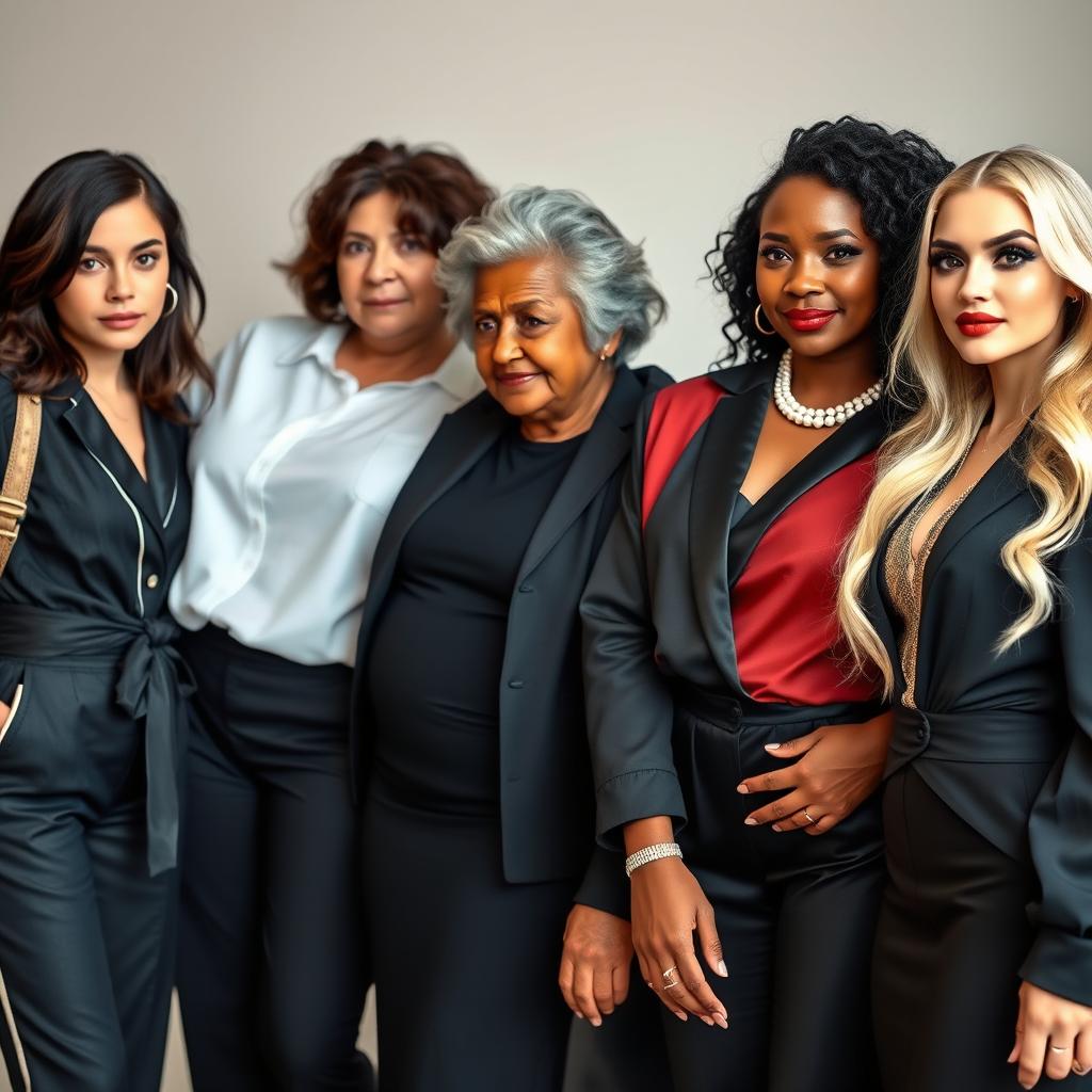 A group of four women standing together, showcasing a diverse range of ages and styles