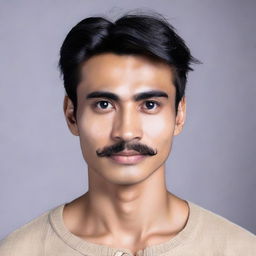 A 24-year-old Indonesian man with a slim face, big head, black hair, prominent nose, thick eyebrows, luscious eyelashes, large eyes, and thin mustache.