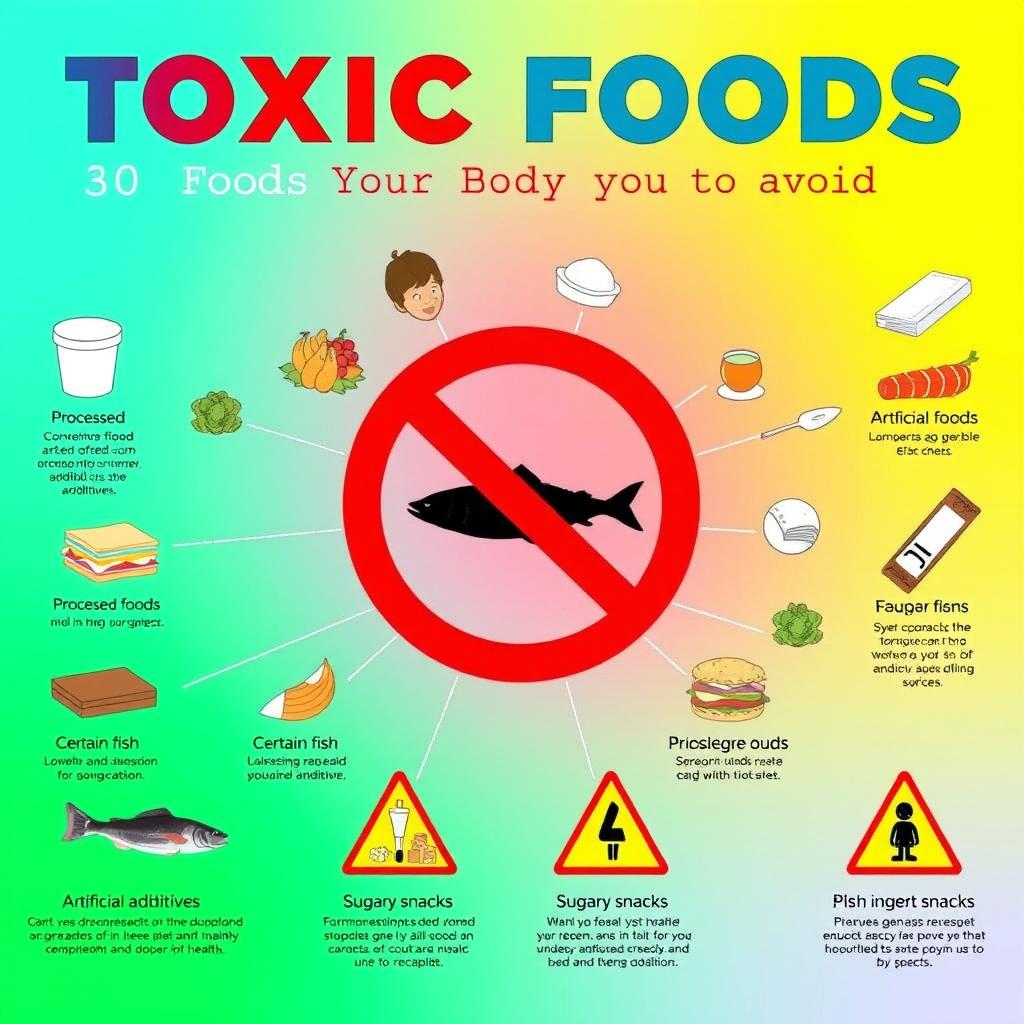 A visually striking infographic titled 'Toxic Foods: 30 Foods Your Body Needs to Avoid'
