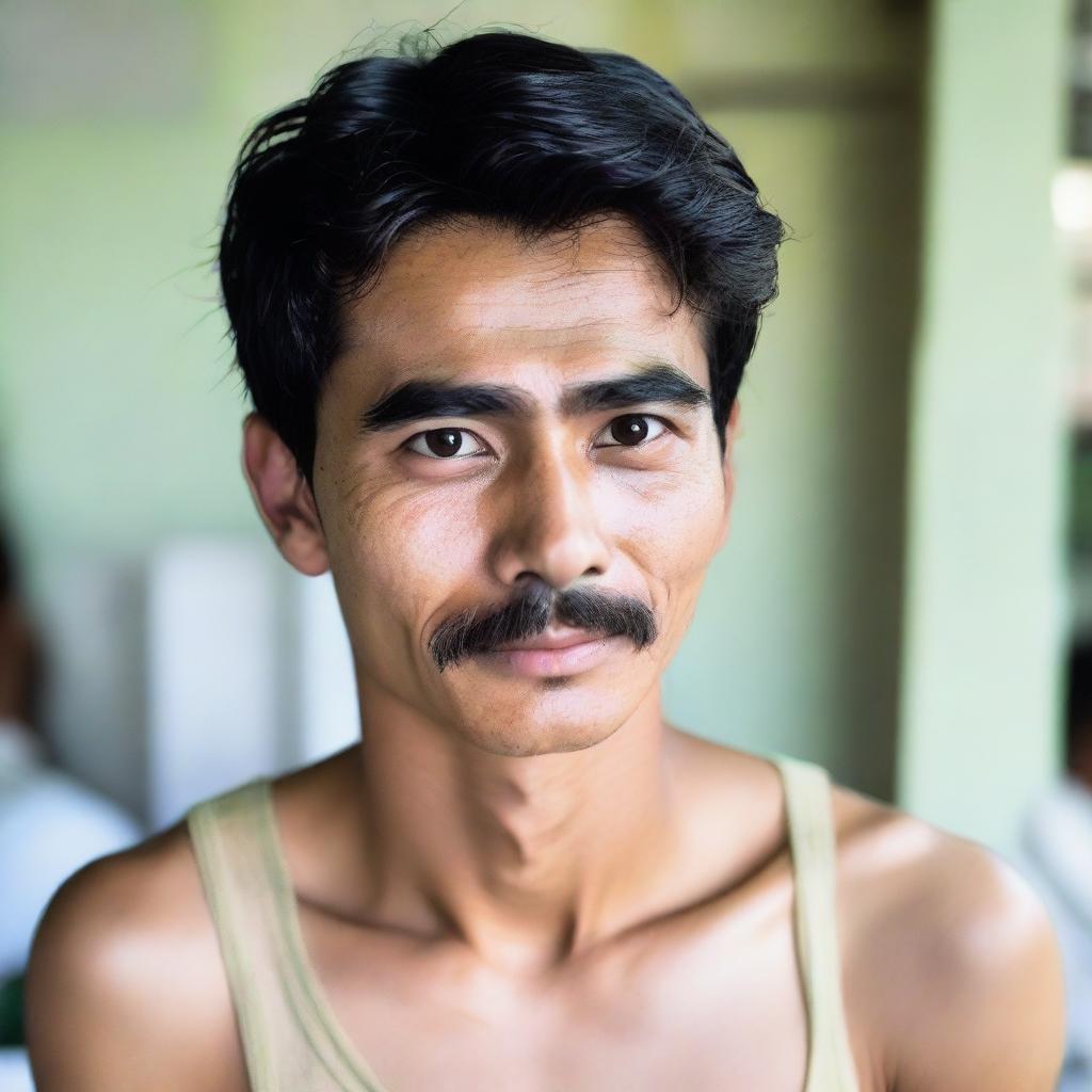 A 24-year-old Indonesian man with a slim face, big head, black hair, prominent nose, thick eyebrows, luscious eyelashes, large eyes, and thin mustache.