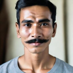 A 24-year-old Indonesian man with a slim face, big head, black hair, prominent nose, thick eyebrows, luscious eyelashes, large eyes, and thin mustache.