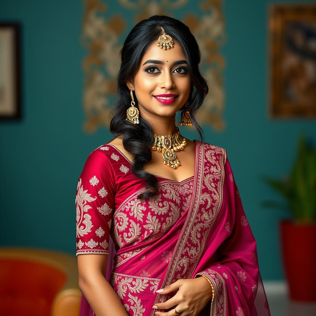 A beautiful 29-year-old Indian woman wearing a full-coverage maroon lehenga choli, showcasing her dusky complexion