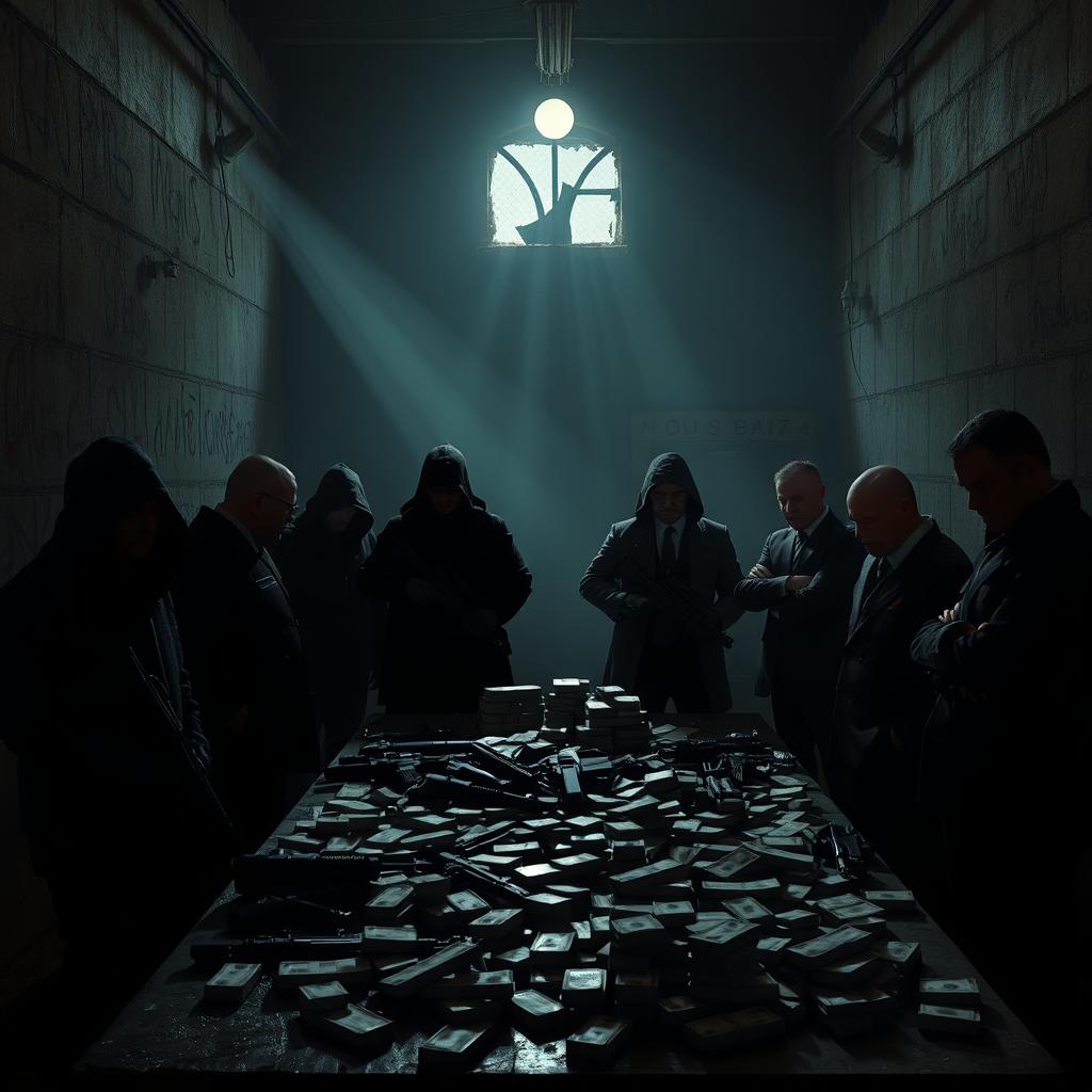 A dramatic scene depicting a covert cartel meeting in a dimly lit warehouse