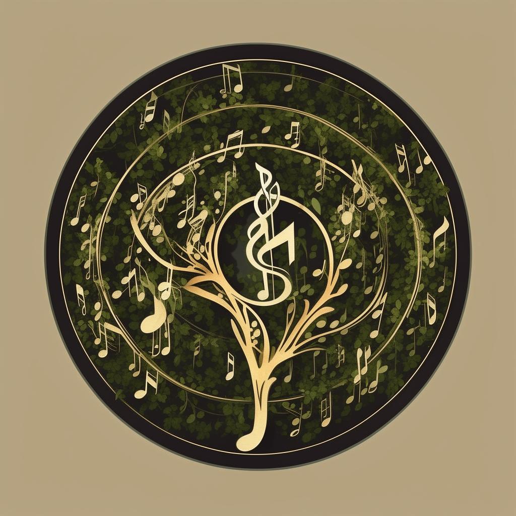 Craft a transparent, enhanced circular logo with an overlay, bordered by a unique pattern of vines composed of music notes, ensuring avoidance of repetition in image generation.