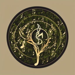 Craft a transparent, enhanced circular logo with an overlay, bordered by a unique pattern of vines composed of music notes, ensuring avoidance of repetition in image generation.