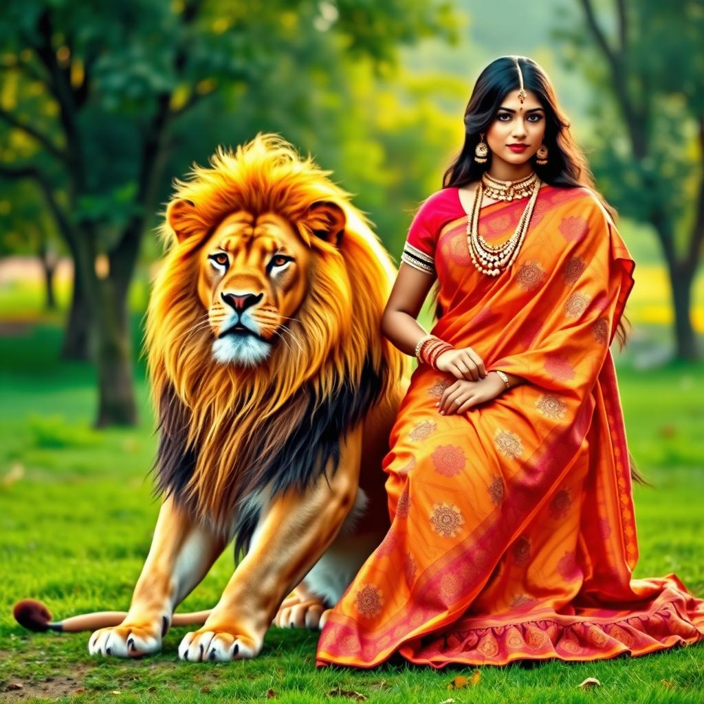 A majestic lion sitting calmly next to a beautiful Indian lady adorned in a traditional saree, showcasing vibrant colors and intricate patterns