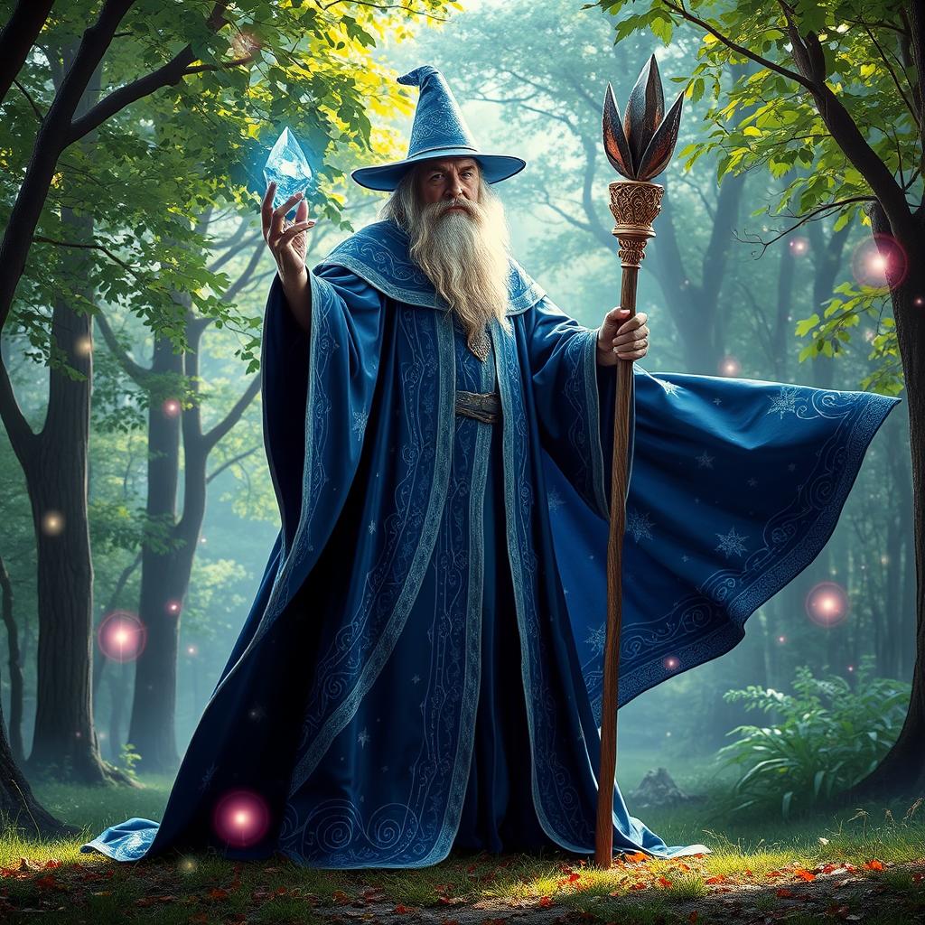 A majestic scene featuring a powerful wizard standing in a mystical forest